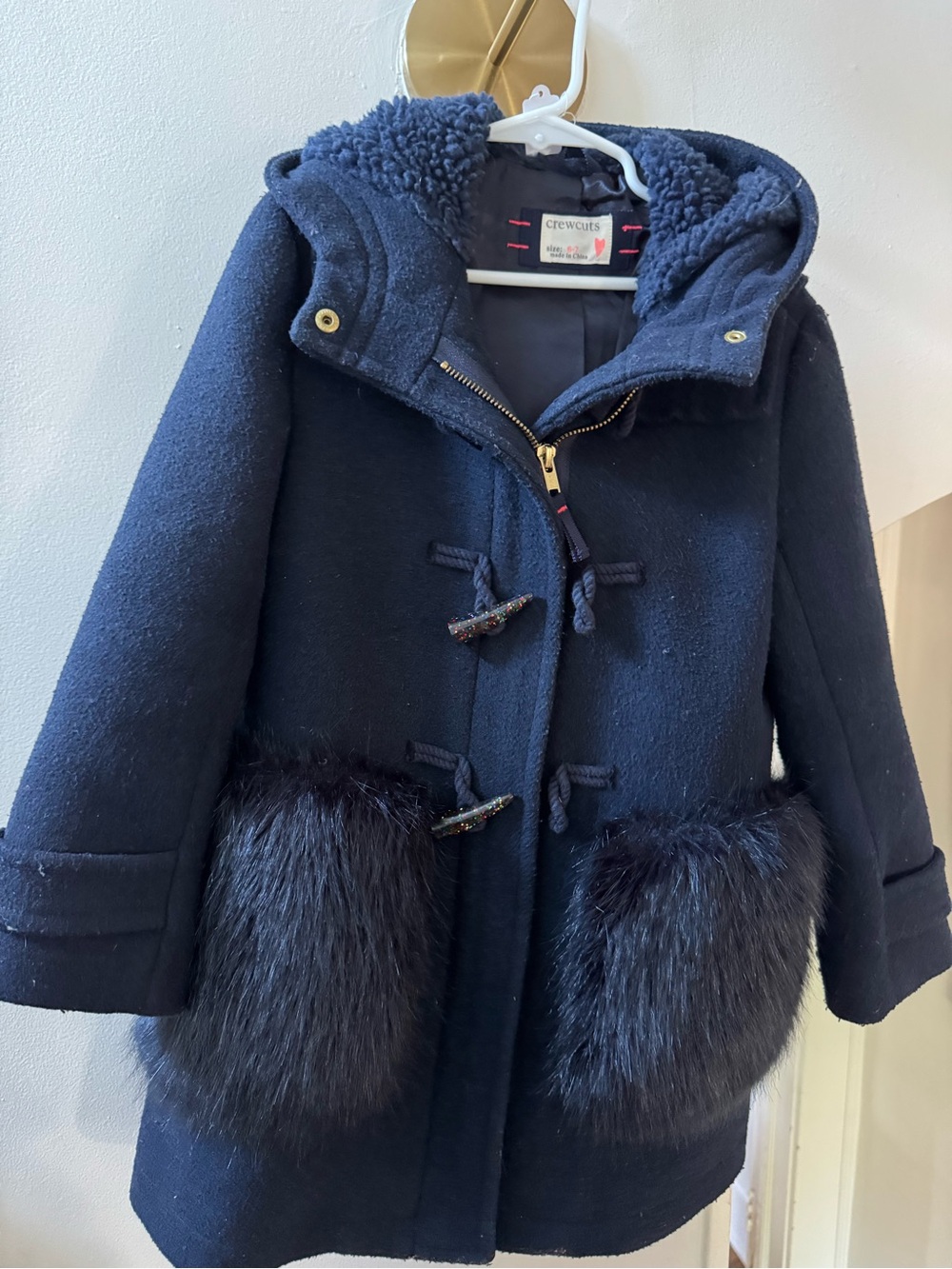 Crewcuts Navy Hooded Pea Coat with Faux Fur Pockets